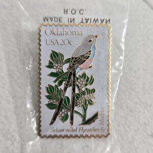 Vtg The March Co Postage Stamp Lapel Pin Oklahoma 1982 Flycatcher Bird Mistletoe